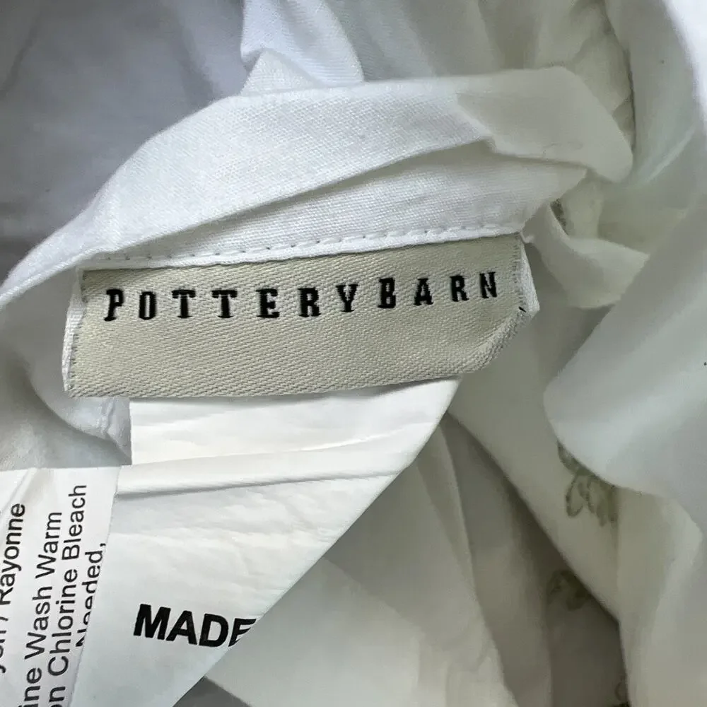 Pottery Barn Floral Embroidered Green Fern White Duvet Cover Botanical Queen